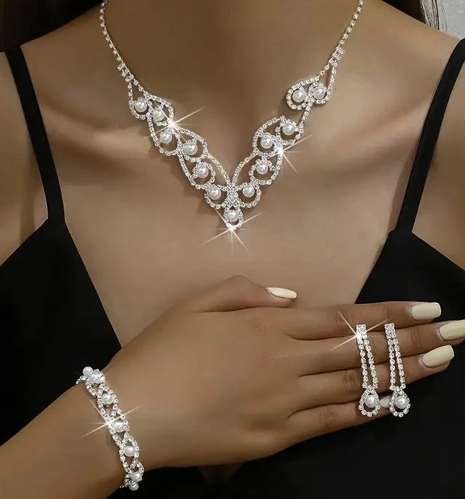 4pcs Jewelry Set l Rhinestone Earrings l Necklace l Bracelet l Prom l Wedding JS-944