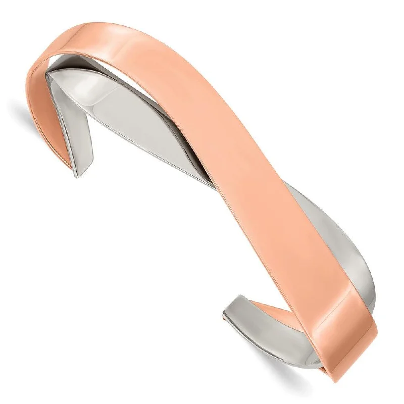 Simple Silver Cuff Bangles For Minimalist Style-Stainless Steel Polished Rose IP-plated Layered and Twisted Cuff Bangle