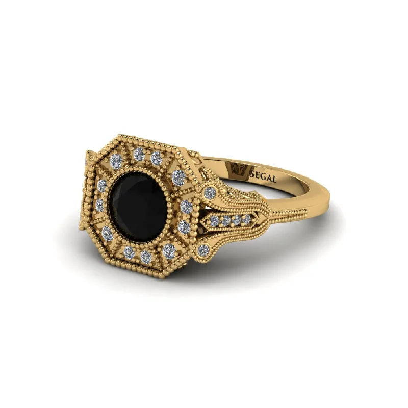 Affordable Gemstone Engagement Rings For Budget Brides-Black Diamond 14K Gold Art Deco Engagement Ring - Erin No. 7