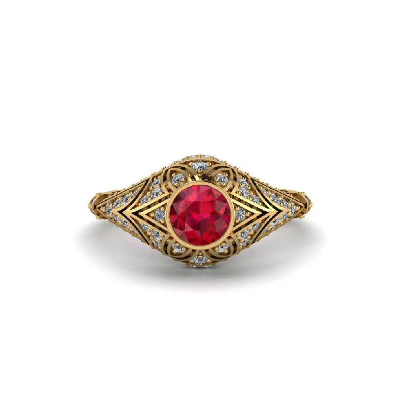 Simple Engagement Rings For Subtle Glam-Ruby Bezel Vintage Filigree Engagement Ring - Kendall No. 10