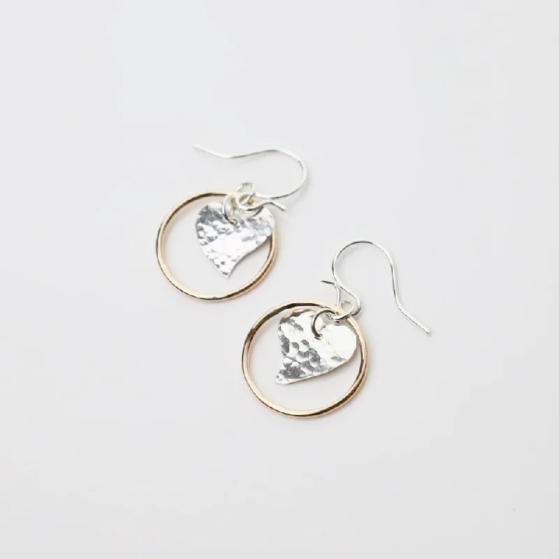 Unique Handmade Earrings For One-of-a-Kind Style-Sterling Silver Hammered Heart in Gold Filled Circle Earrings