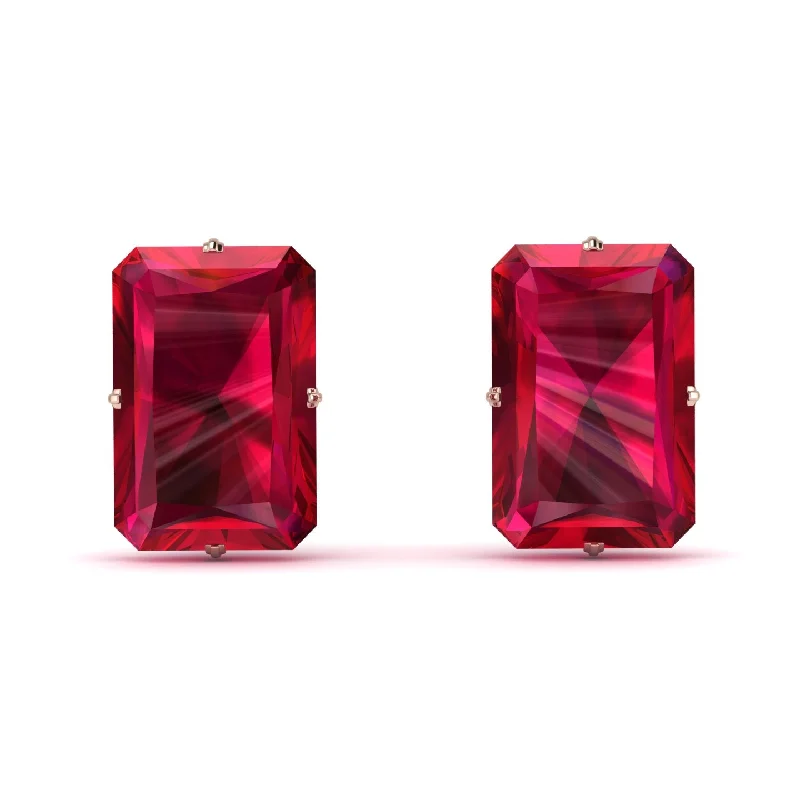 Unique Gold Earrings For Special Occasions-Hidden Halo Emerald Cut Ruby Earrings  - Vanessa No. 41