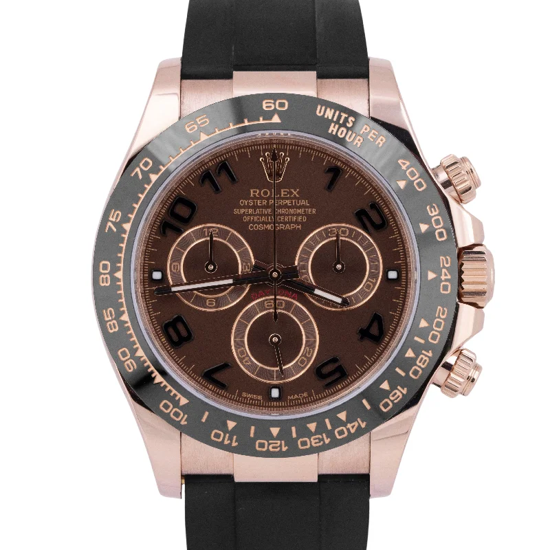 Beautiful Luxury Watches With Diamond Encrustations-MINT PAPERS Rolex Daytona CHOCOLATE Arabic Rose Gold 116515 40mm Oysterflex BOX