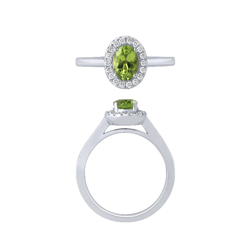 Personalized Engagement Rings For Custom Designs-14K White Gold Peridot And Diamond Halo Ring