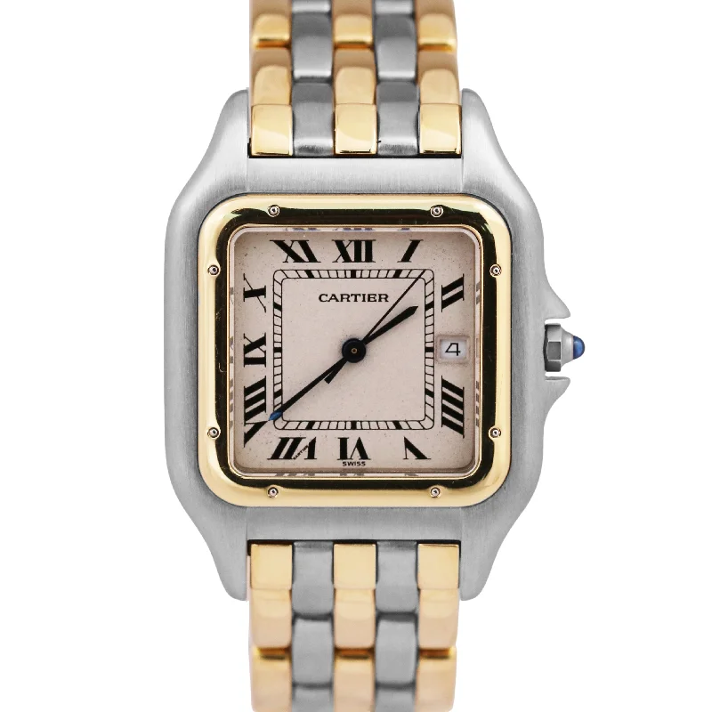 Trendy Watches For Women With Modern Design-Cartier Panthere THREE ROW 18K Yellow Gold Steel 29mm IVORY Roman Quartz 83957