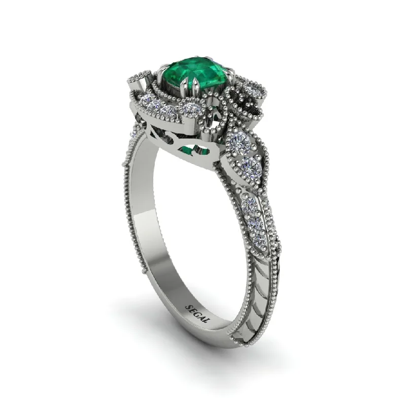 Unique Custom Rings For Meaningful Gifts-Emerald Vintage Filigree Cushion Cut Engagement Ring - Elaina No. 6