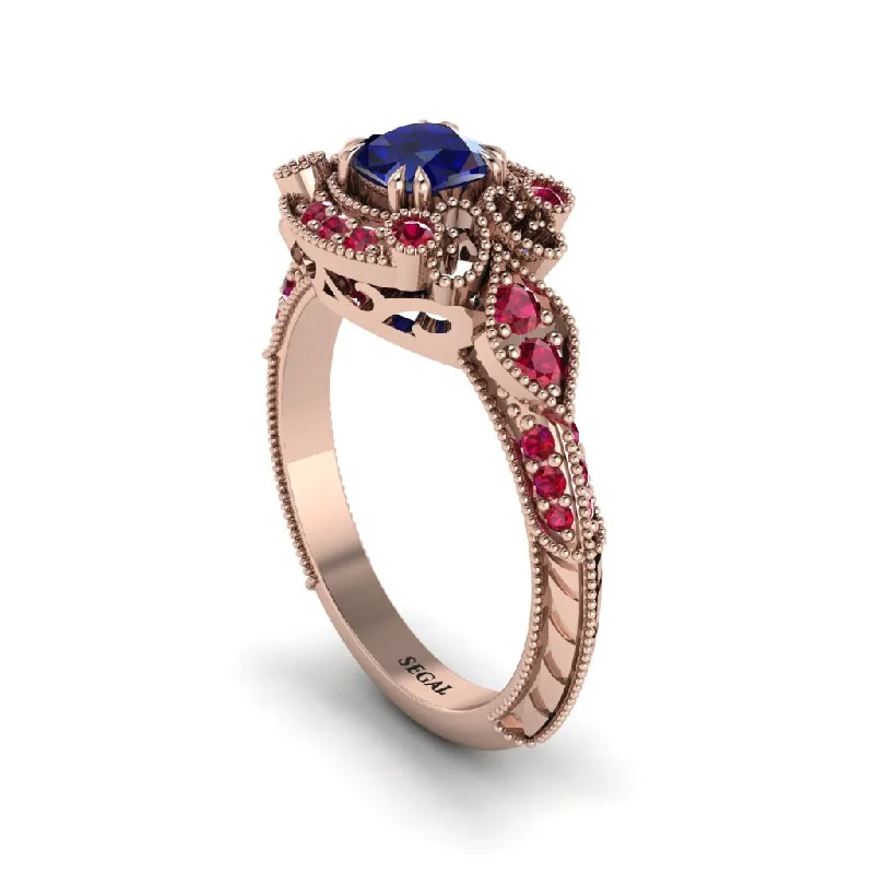 Fashionable Wedding Bands For Modern Couples-Sapphire Vintage Filigree Cushion Cut Engagement Ring - Elaina No. 59