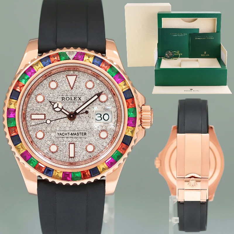 Stunning Gold Watches For Luxury Glam-Rolex Yacht-Master 116655 Rose Gold 40mm Pave Diamond Rainbow Sapphire Watch Box