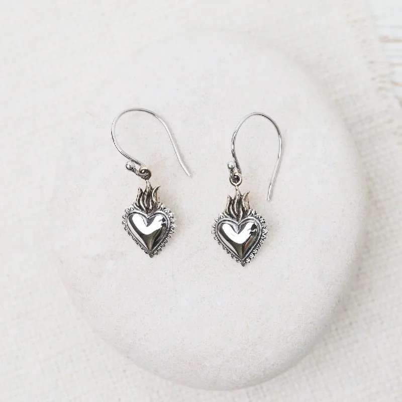 Elegant Silver Earrings For Formal Wear-Mixed Metal Heart with Bronze Flame Dangle Earrings