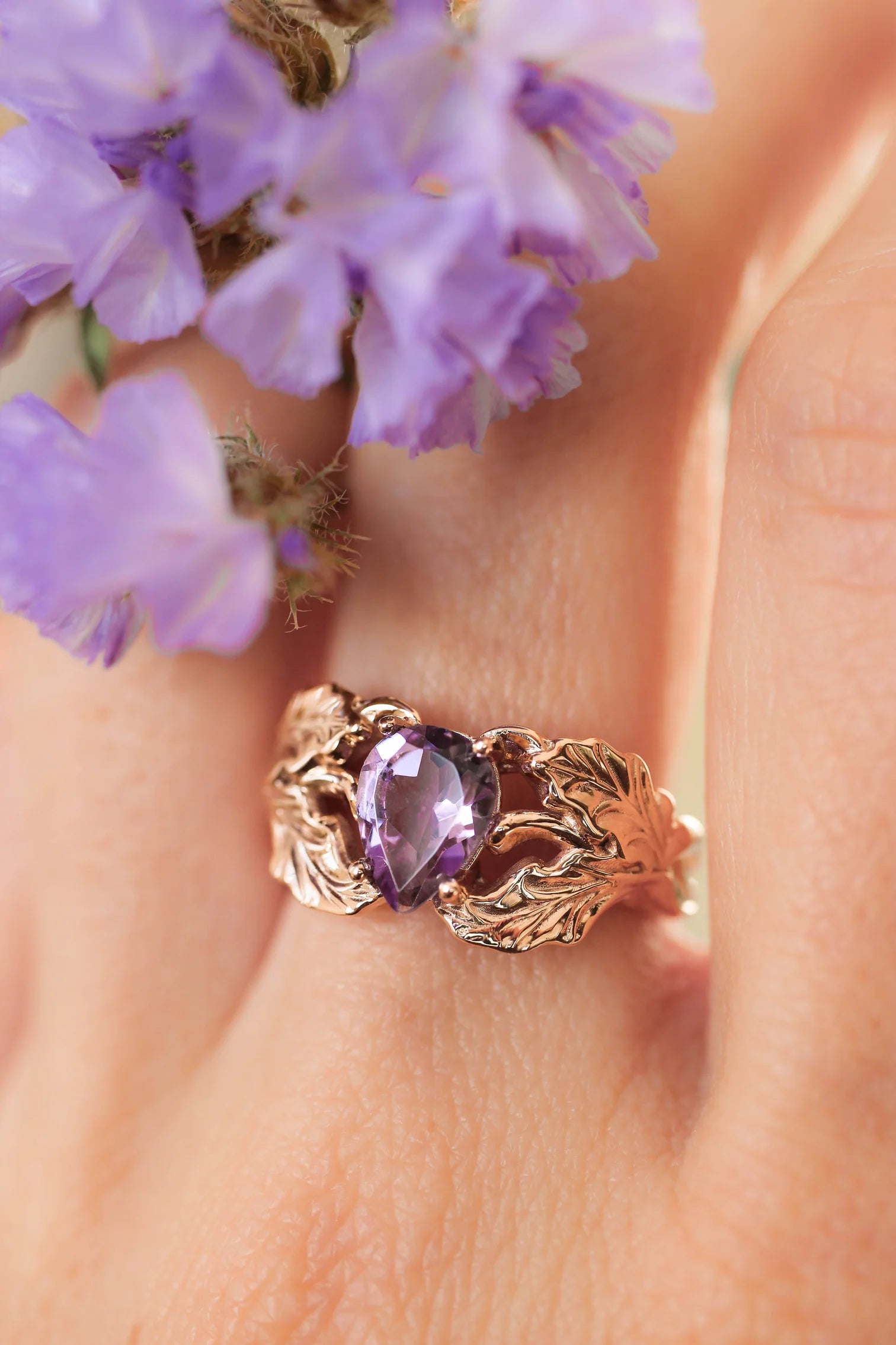 Beautiful Birthstone Rings For Personalized Fashion-Amethyst Stone Pear Cut Leaf Ring