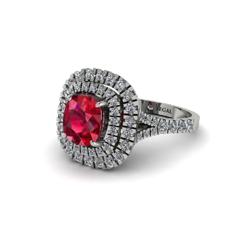 Affordable Gemstone Engagement Rings For Budget Brides-Ruby Double Halo Cushion Cut Engagement Ring - Courtney No. 12