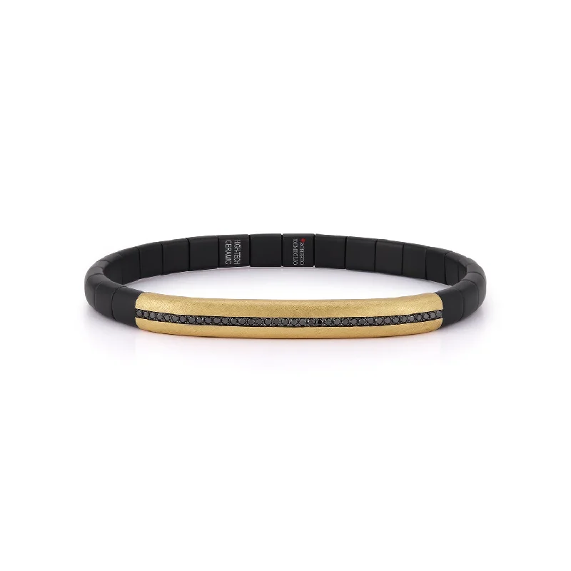 Custom Bracelets For Personalized Jewelry-Manetta Men's 0.42ct Black Diamond Matte Bar Bracelet in 18K Yellow Gold and Ceramic Size Large