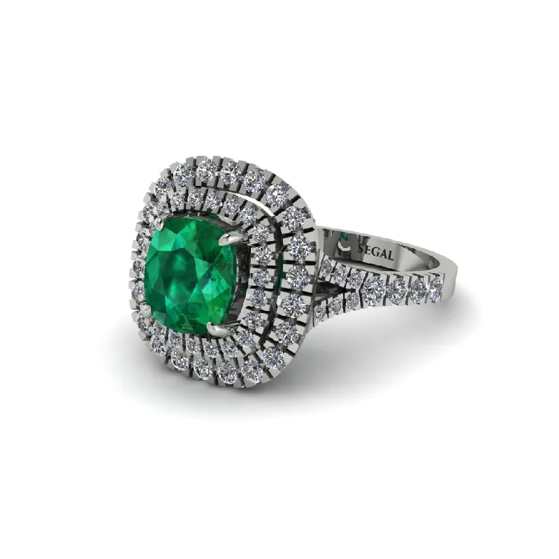 Elegant Engagement Rings For Stylish Proposals-Emerald Double Halo Cushion Cut Engagement Ring - Courtney No. 6