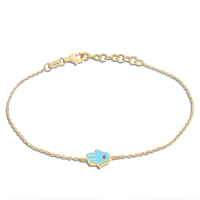 Custom Gold-Plated Bracelets For Personalized Gifts-14K Gold Blue Enamel Hamsa Charm Bracelet