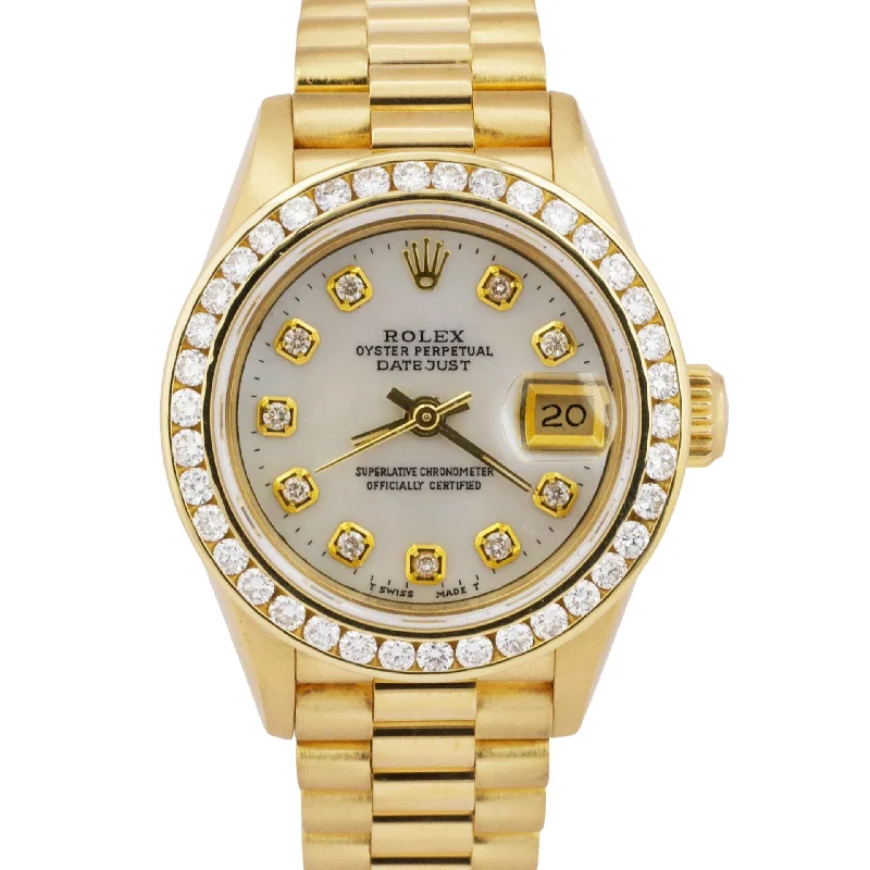 Trendy Smart Watches For Modern Fashion-Ladies Rolex DateJust President 26mm MOP DIAMOND BEZEL 18K Gold 69178 Watch