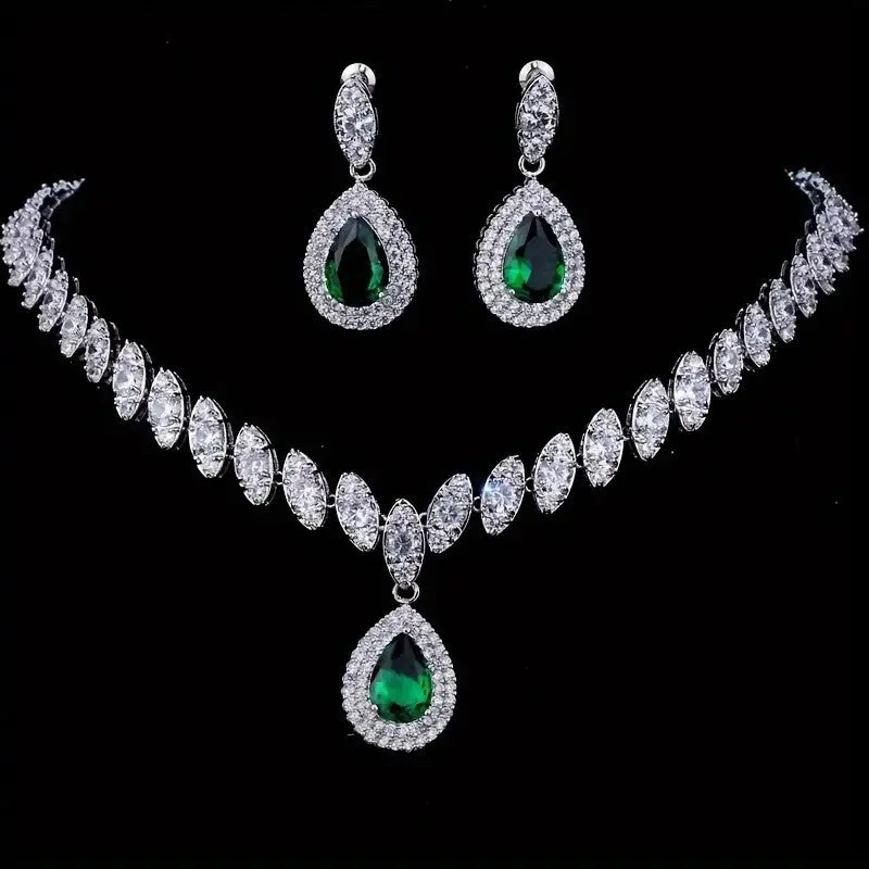 3pcs SILVER Emerald Green Jewelry Set l Rhinestone Earrings l Necklace l Bracelet l Prom l Wedding JS-934