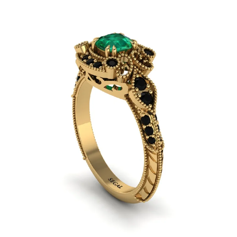 Custom Gold Rings For Special Occasions-Emerald Vintage Filigree Cushion Cut Engagement Ring - Elaina No. 34