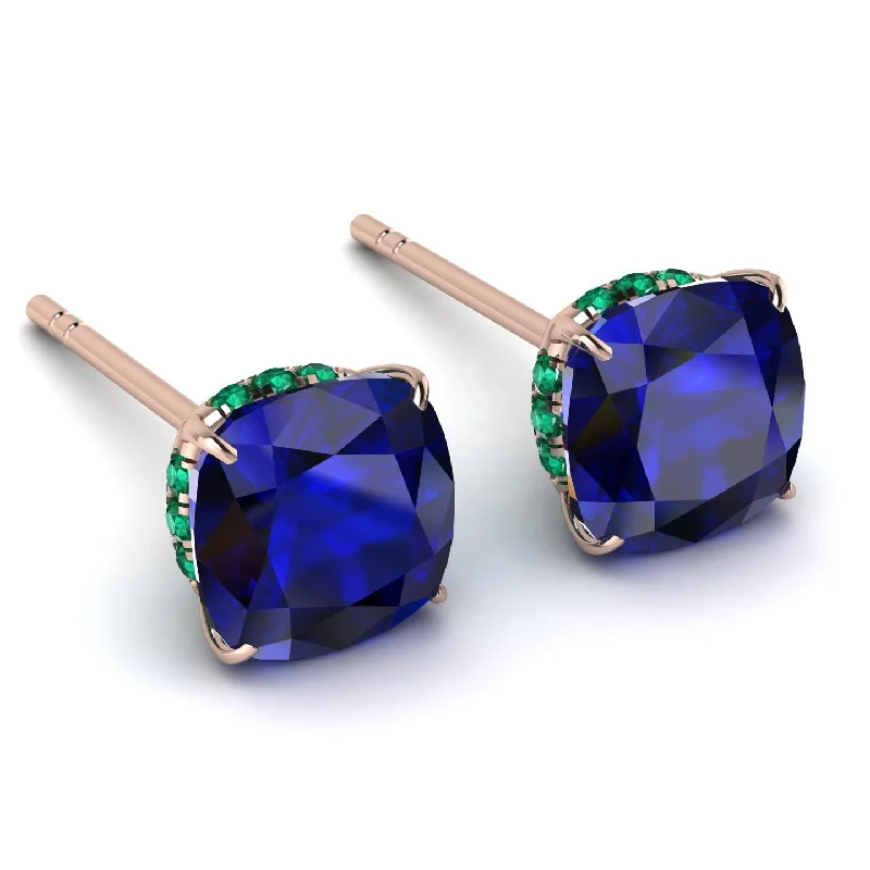 Elegant Crystal Earrings For Formal Glam-Hidden Halo Cushion Sapphire Earrings - Alivia No. 29