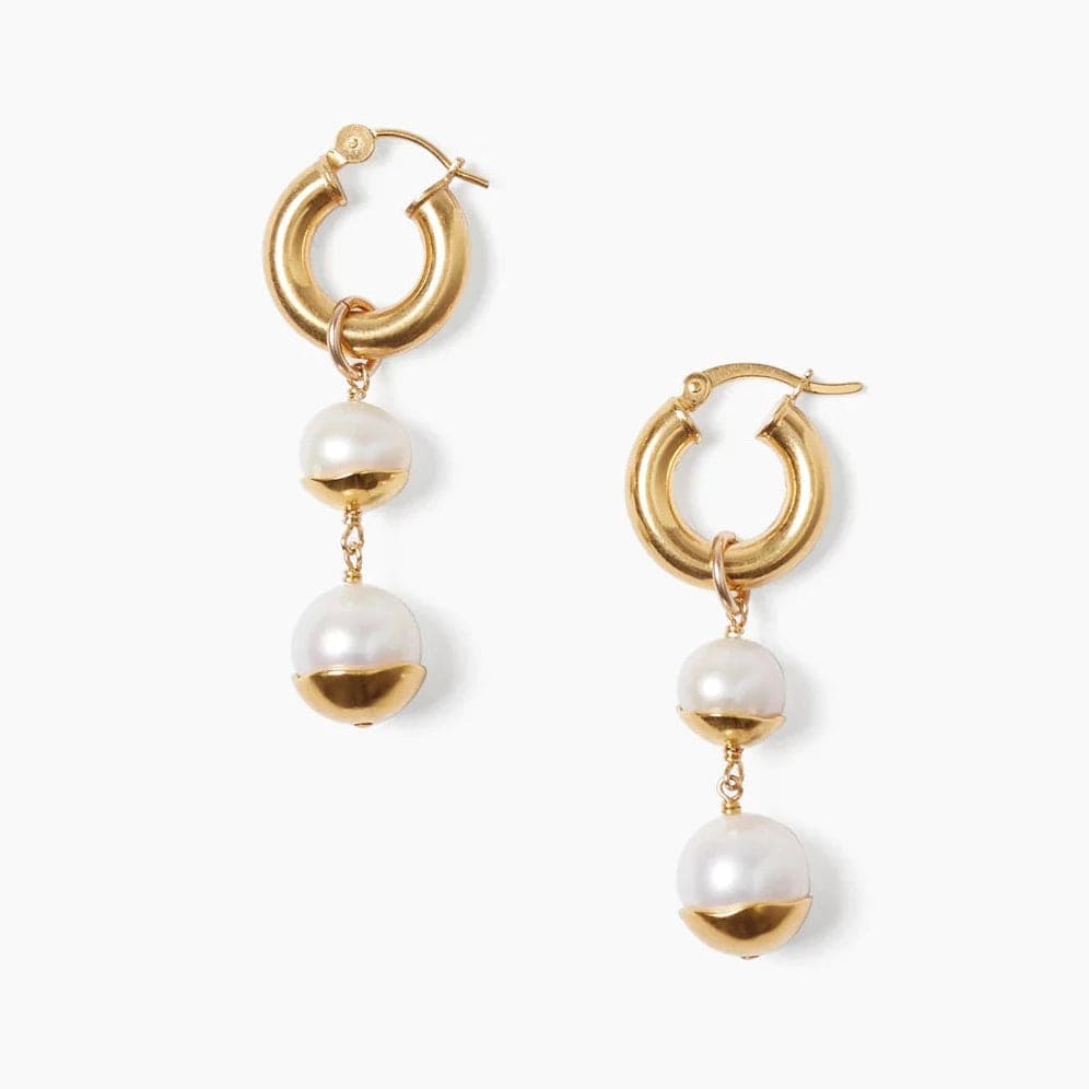 Stylish Earrings For Office Wear-White Pearl Gold Dipped Tiered Hoop Earrings