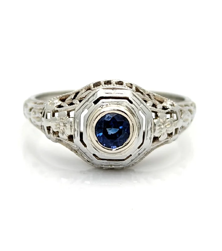 Luxury Wedding Bands For Elegant Style-Vintage Art Deco 18K White Gold Filigree Sapphire Ring