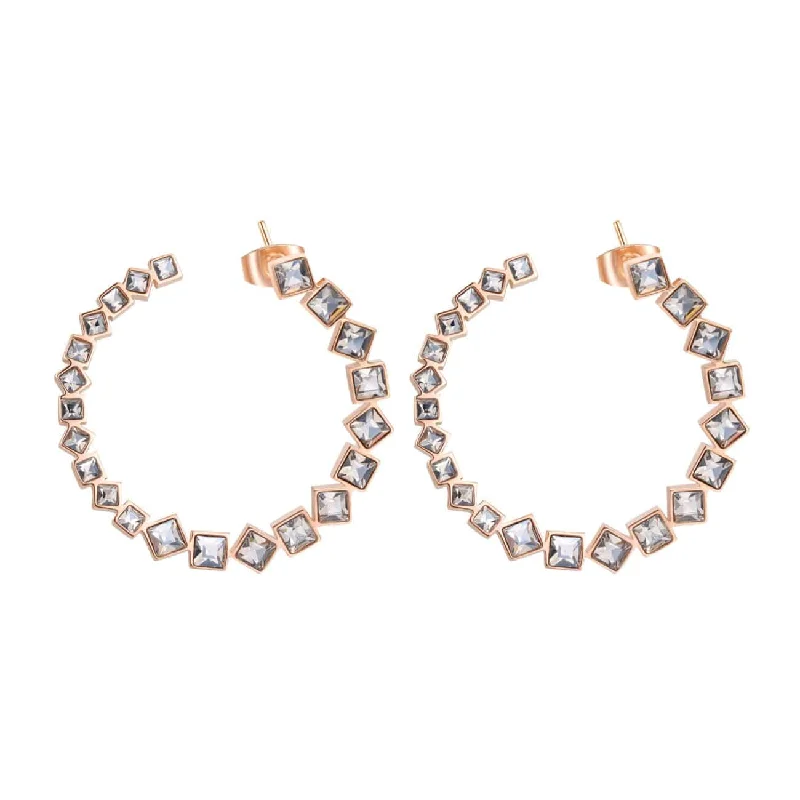 Trendy Gemstone Earrings For Vibrant Fashion-Stainless Steel Rose Gold Tone Hoop Stud Earrings with Clear Crystals