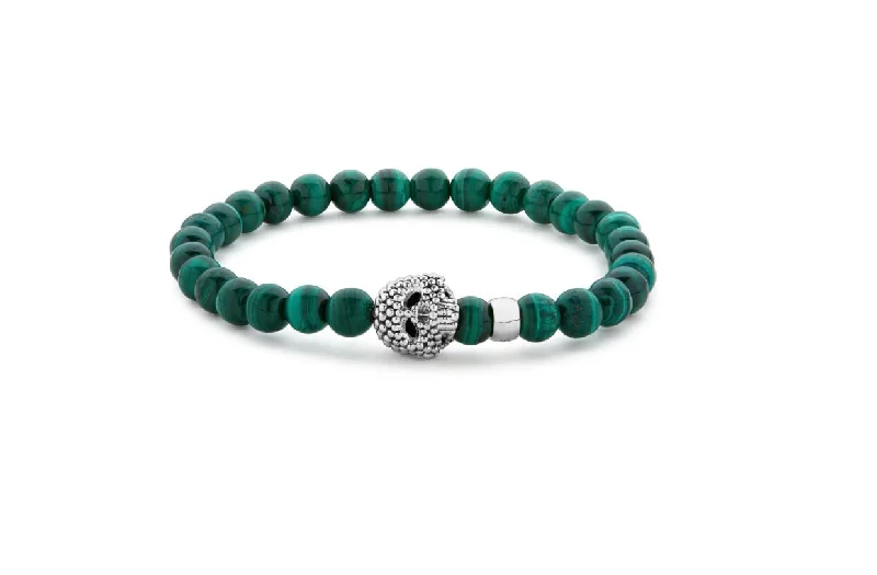 Simple Silver Cuff Bracelets For Everyday Glam-Signature Caviar Anthem Malachite Skull Stretch Bracelet with Sterling Silver, Size 7