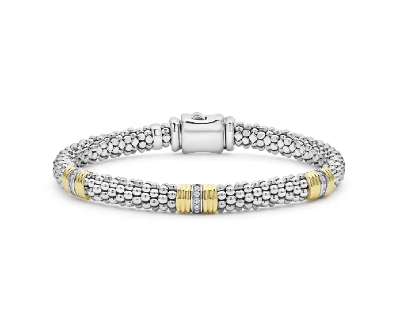 Timeless Platinum Bracelets For Luxury Glam-Signature Caviar 0.15Ct Diamond 3 Fluted Station Caviar Rope Bracelet in Sterling Silver and 18K Yellow Gold, Size 7