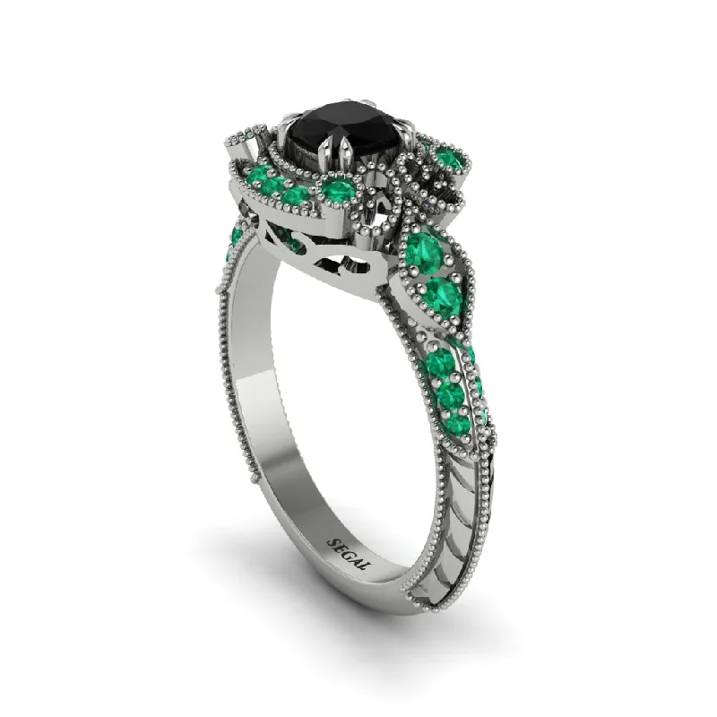 Unique Engagement Rings For Creative Proposals-Black Diamond Vintage Filigree Cushion Cut Engagement Ring - Elaina No. 24