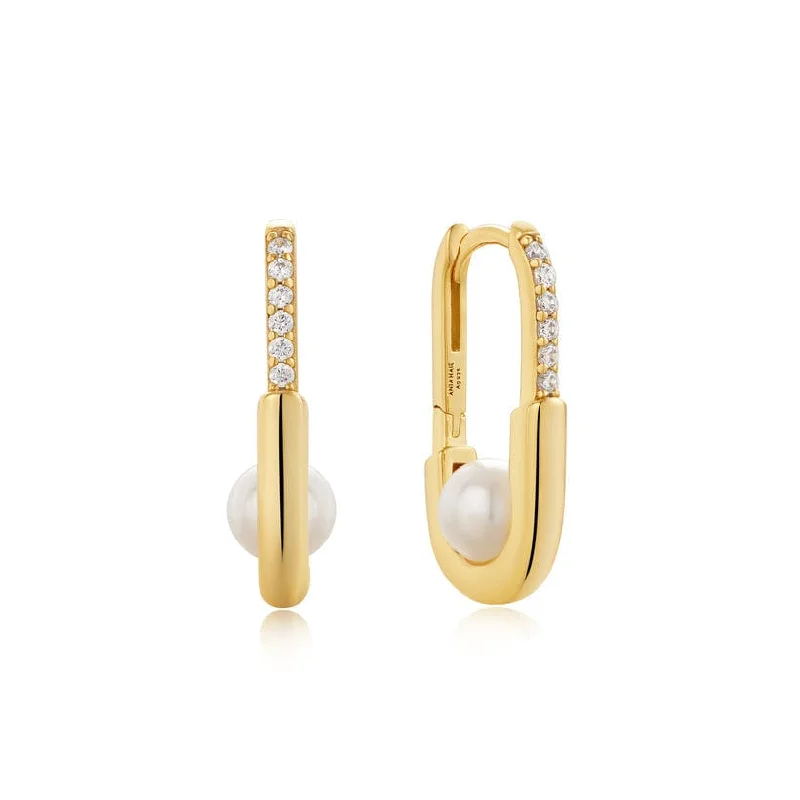 Beautiful Crystal Earrings For Wedding Glam-Gold Pearl Interlock Oval Hoop Earrings