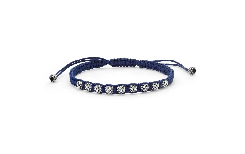 Luxury Gemstone Bracelets For High-End Fashion-Anthem Navy Blue Macrame Caviar Ball Rope Bracelet in Sterling Silver, Size 8