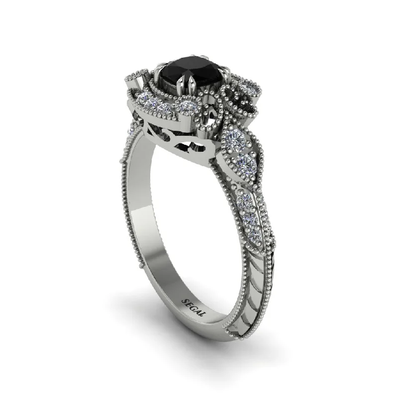 Bold Engagement Bands For Unique Proposals-Black Diamond Vintage Filigree Cushion Cut Engagement Ring - Elaina No. 9