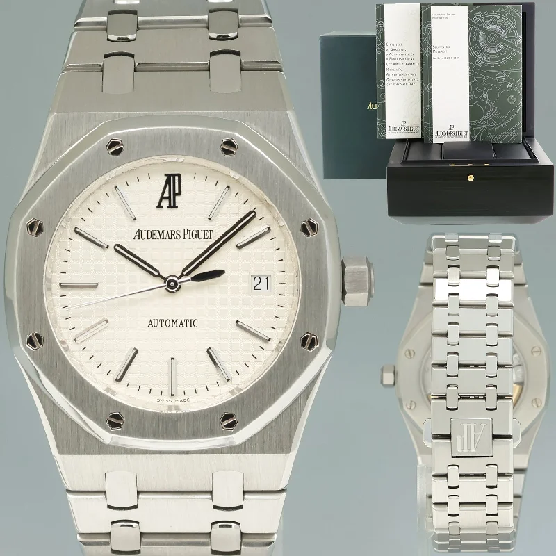 Elegant Ceramic Watches For Sleek Glam-MINT 2011 PAPERS Audemars Piguet Royal Oak White 39mm Steel 15300ST Watch Box