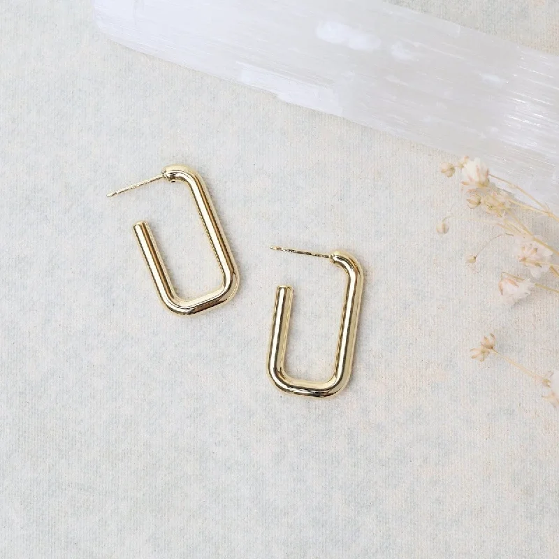 Sparkling Stud Earrings For Every Occasion-14K Small Rounded Rectangle J Hoop Earrings