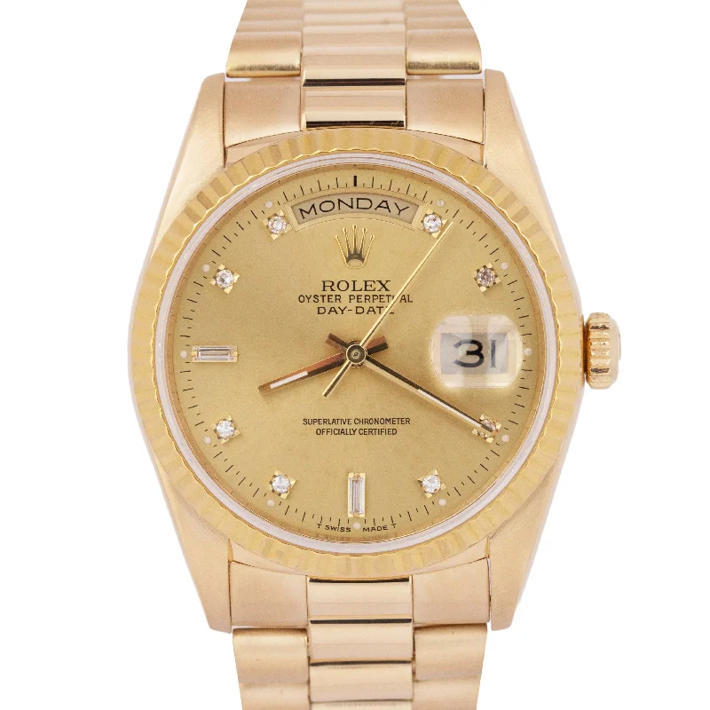 Unique Diamond-Set Watches For Bold Statements-1990 Rolex Day-Date President PAPERS 36mm Diamond 18K Gold Watch 18238 BOX