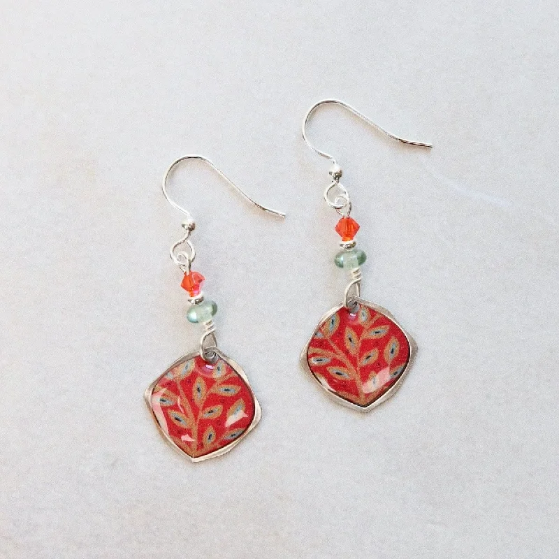 Elegant Earrings For Wedding Day Glam-Round Leaf Pattern Earrings with Tangerine Background & Beads