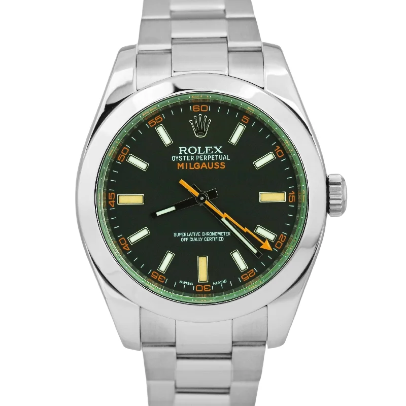 Elegant Luxury Watches With Swarovski Crystals-MINT 2022 Rolex Milgauss BLACK Green Orange 40mm Stainless Steel 116400 GV Watch