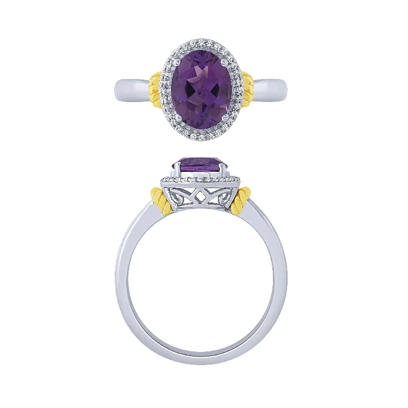 Luxury Wedding Rings For Elegant Brides-14K Amethyst And Diamond Halo Ring