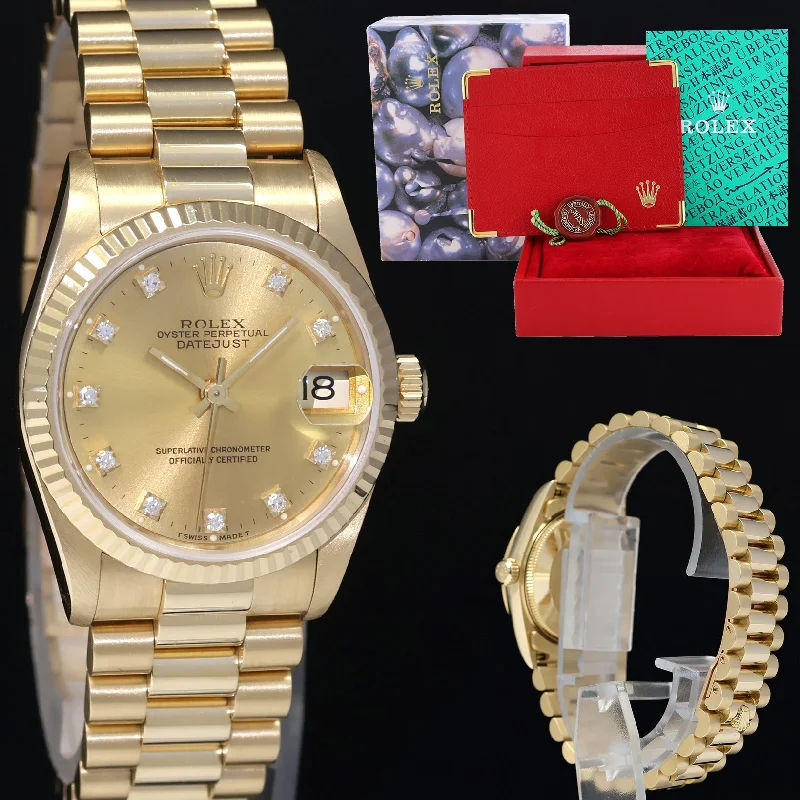 Elegant Stainless Steel Watches For Timeless Wear-MINT Rolex 68278 Yellow Gold 31mm Midsize Champagne Diamond Lady President Watch