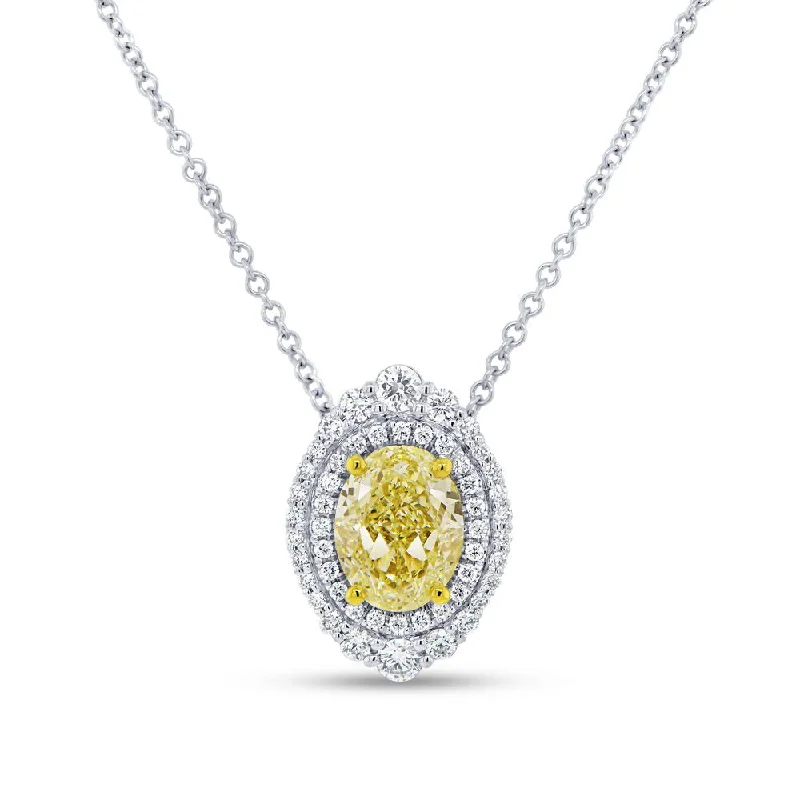 Uneek Natureal Collection Double-Halo Oval Shaped Fancy Light Yellow Diamond Brooch Necklace