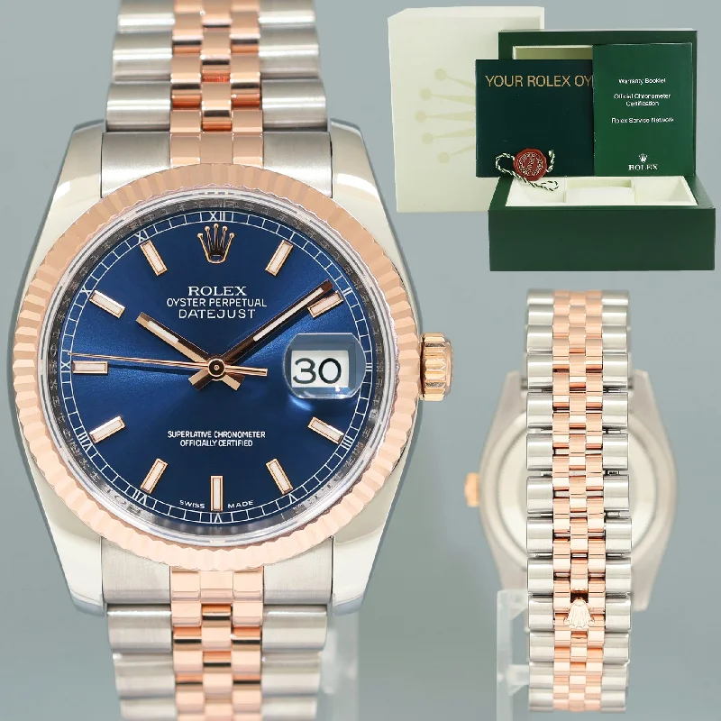 Stylish Men’s Watches With Leather Straps-MINT Rolex DateJust Jubilee Two Tone Steel 36mm 116231 Rose Gold Blue Stick Watch