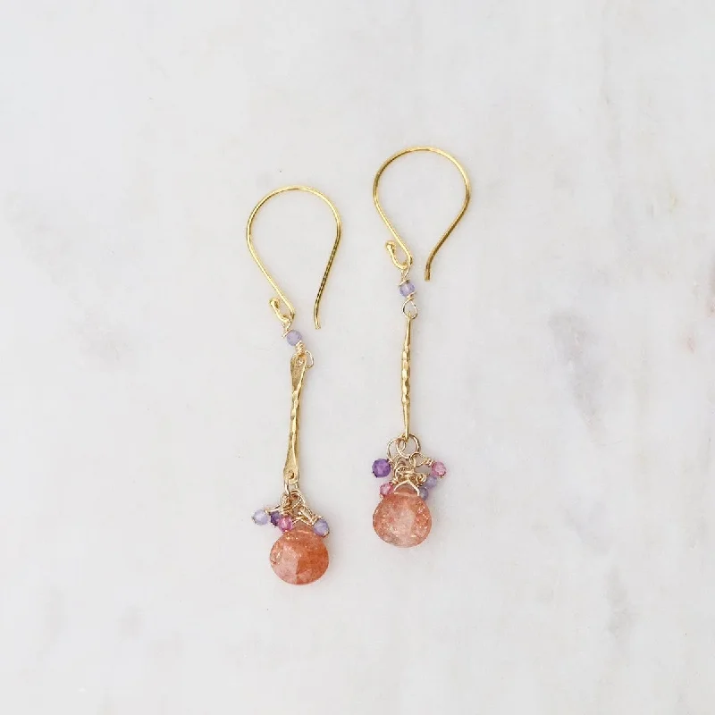 Large Drop Earrings For Fashion Statements-Sunstone & Mystic Topaz Gold Hammered Bar Earrings