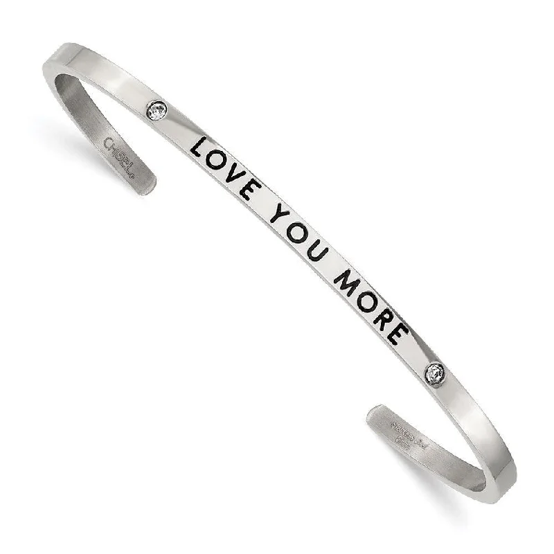 Unique Handcrafted Bangles For Artisanal Fashion-Stainless Steel Polished Enamel/Crystal LOVE YOU MORE 3mm Cuff Bangle