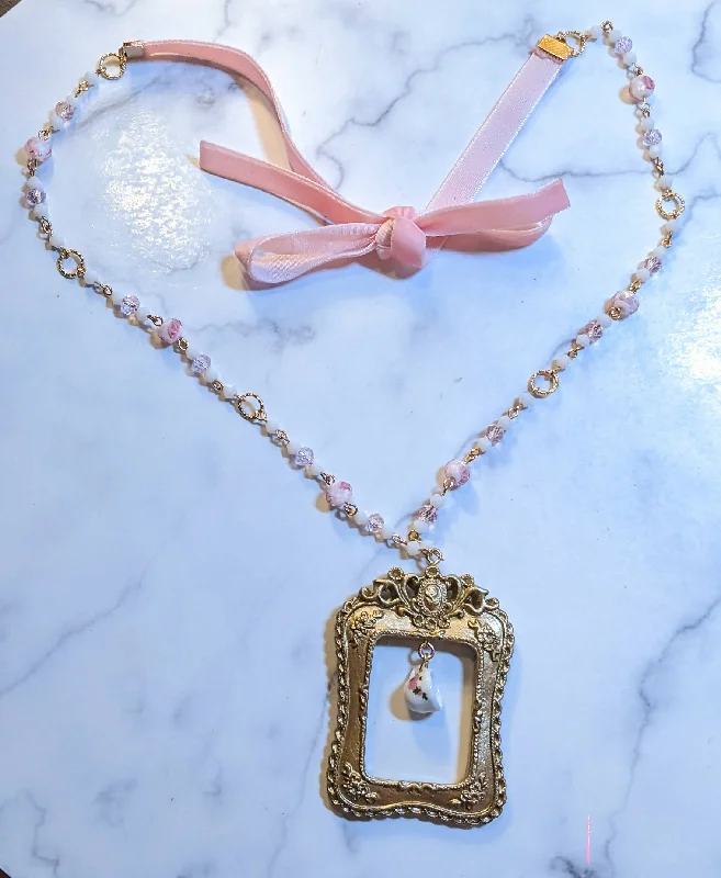 Rose Rectangle Frame Necklace