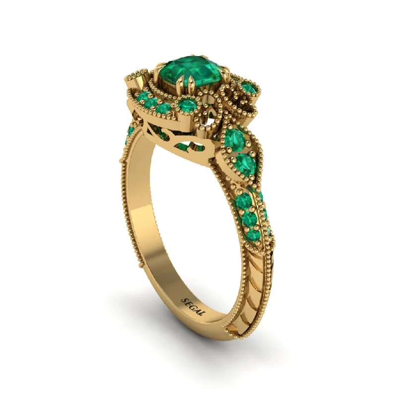 Beautiful Custom Engagement Rings For Unique Brides-Emerald Vintage Filigree Cushion Cut Engagement Ring - Elaina No. 19