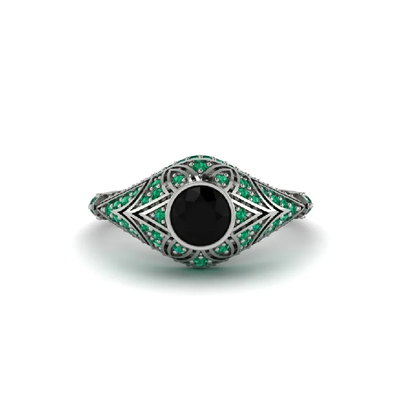 Stunning Emerald Rings For Engagement Glam-Black Diamond Bezel Vintage Filigree Engagement Ring - Kendall No. 24