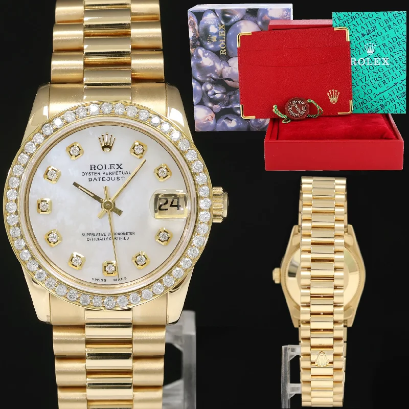 Trendy Designer Watches For Fashion Lovers-MINT Rolex 68278 Yellow Gold 31mm Midsize Pearl Diamond Lady President Watch