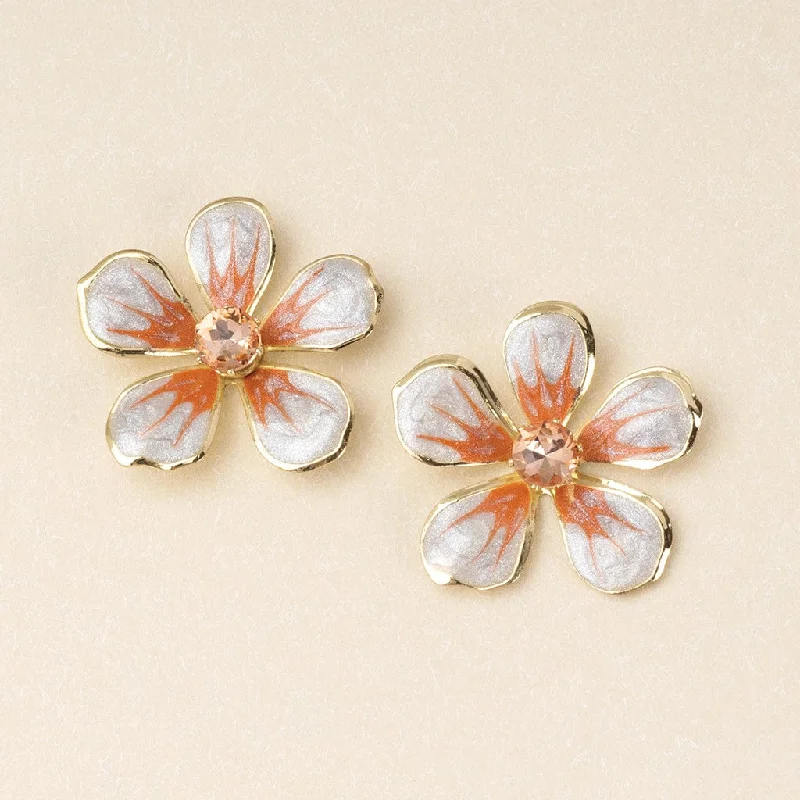 Classic Silver Earrings For Everyday Wear-Sparkle & Shine Large Enamel Flower Earrings - Light Gray & Pink/Gold