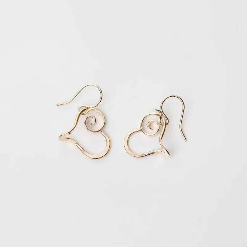 Beautiful Dangle Earrings For Night Parties-Gold Filled Scrolled Heart Earrings