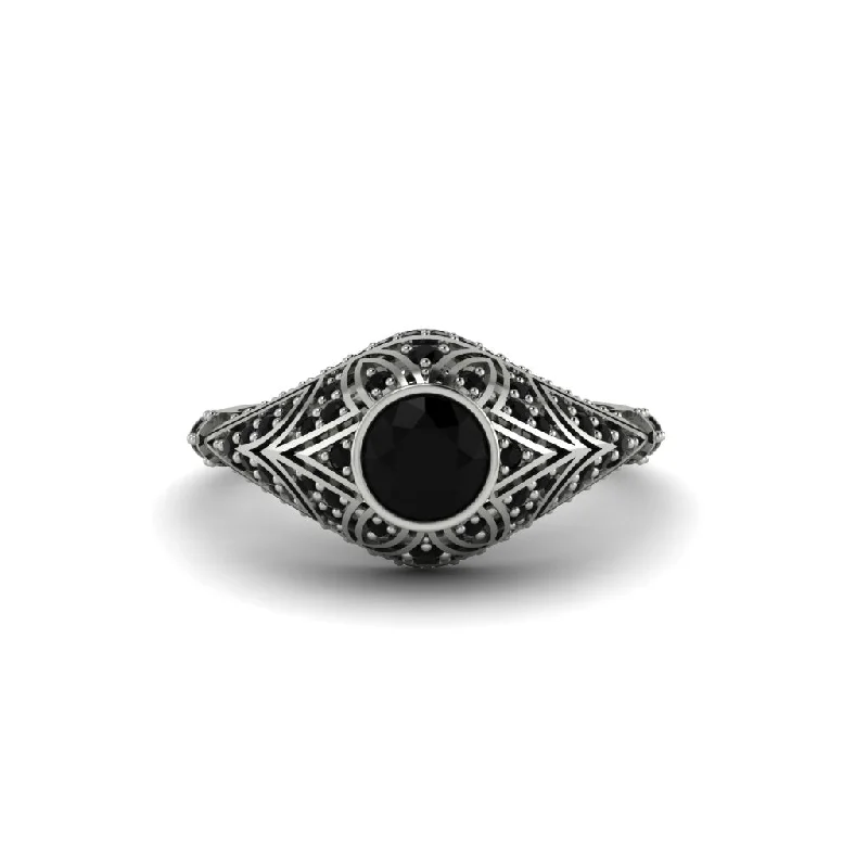 Beautiful Opal Engagement Rings For Unique Glam-Black Diamond Bezel Vintage Filigree Engagement Ring - Kendall No. 39