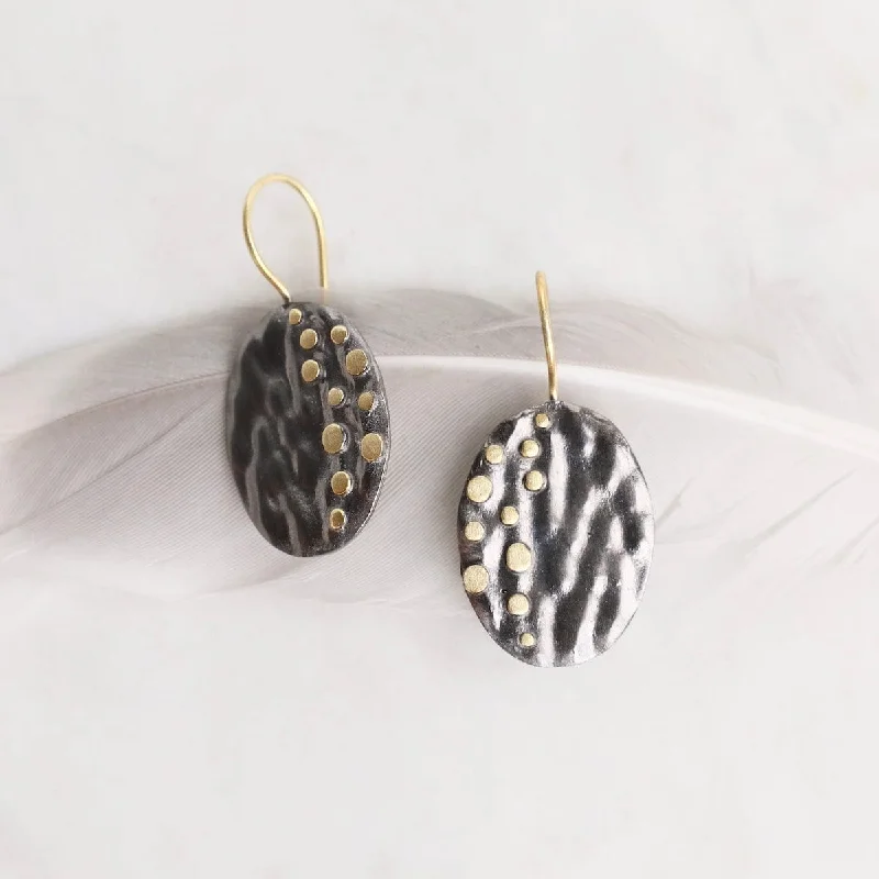 Elegant Resin Earrings For Creative Style-Dark Rhodium Textured Oval with Gold Dots Earrings